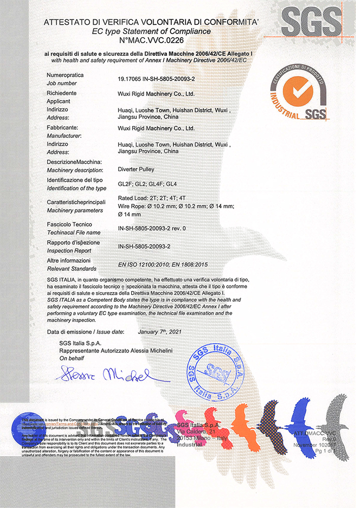 Pagbabalik ng pulley SGS CE certificate MAC VVC.0226_IN-SH-5805-20093-2